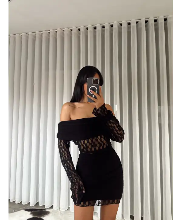 Açık omuz dantel detay elbise - Siyah