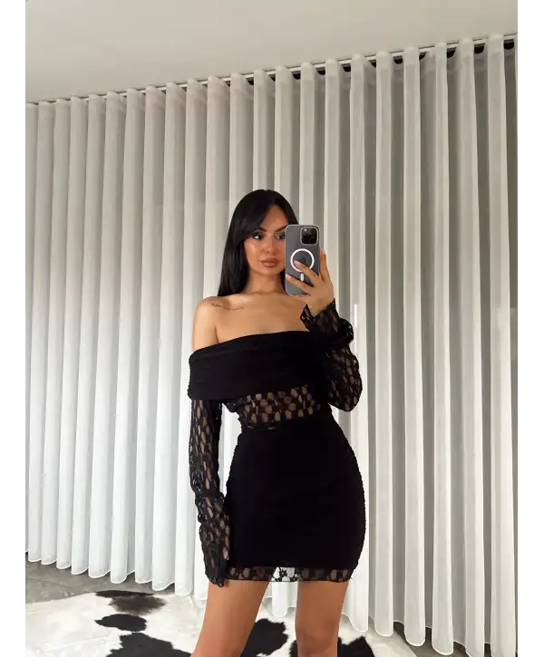 Açık omuz dantel detay elbise - Siyah