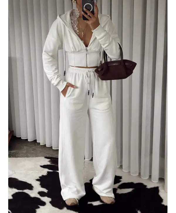 Tasarım dantel detay eşofman takımı - Beyaz