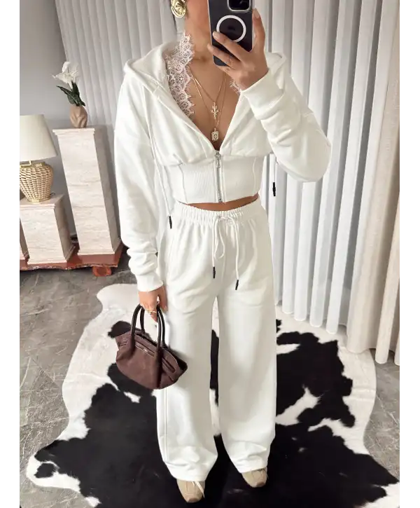 Tasarım dantel detay eşofman takımı - Beyaz