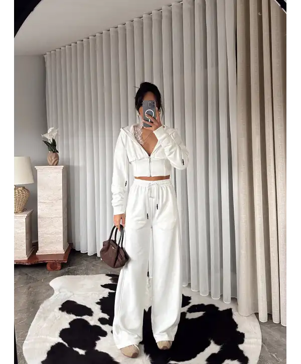 Tasarım dantel detay eşofman takımı - Beyaz