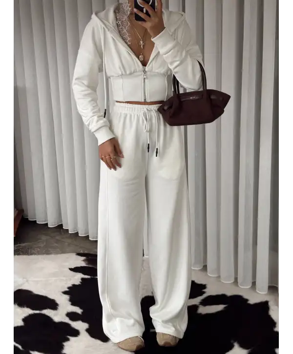 Tasarım dantel detay eşofman takımı - Beyaz