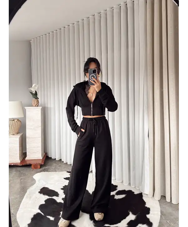 Tasarım dantel detay eşofman takımı - Siyah