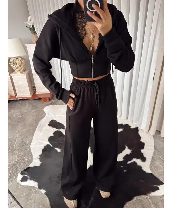 Tasarım dantel detay eşofman takımı - Siyah