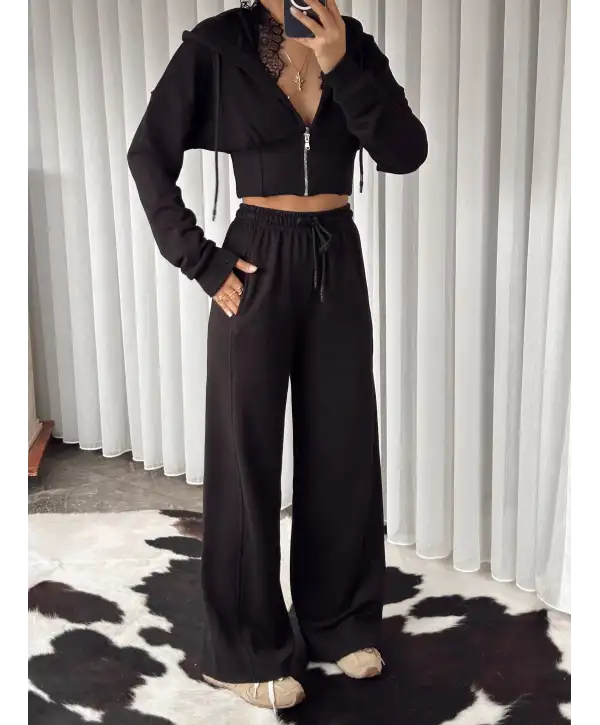 Tasarım dantel detay eşofman takımı - Siyah