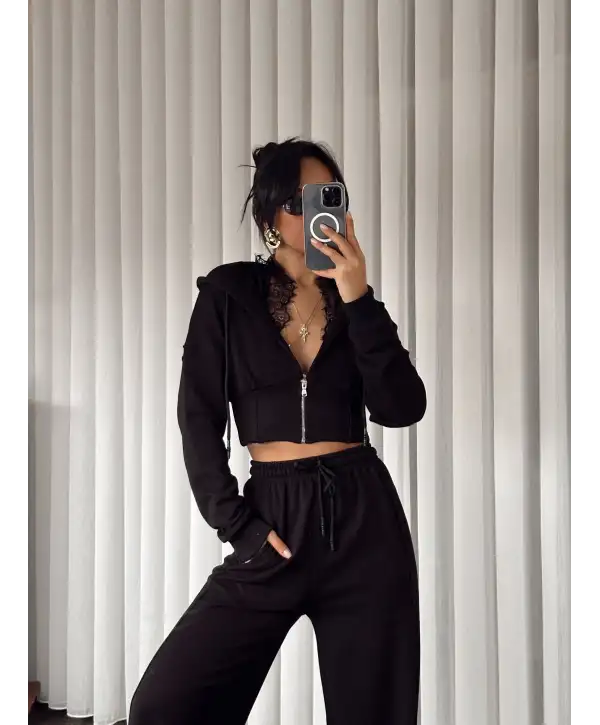 Tasarım dantel detay eşofman takımı - Siyah