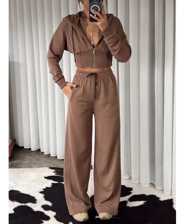 Tasarım dantel detay eşofman takımı - Kahve