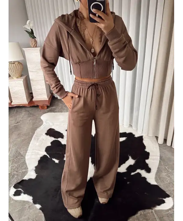 Tasarım dantel detay eşofman takımı - Kahve