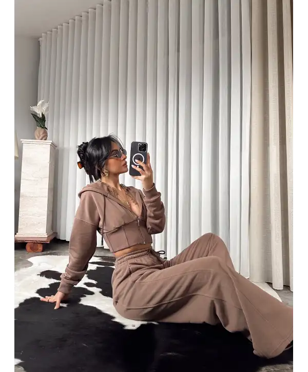 Tasarım dantel detay eşofman takımı - Kahve