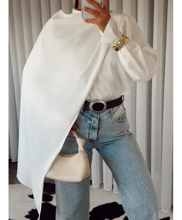 Tasarım pelerinli saten bluz - Beyaz