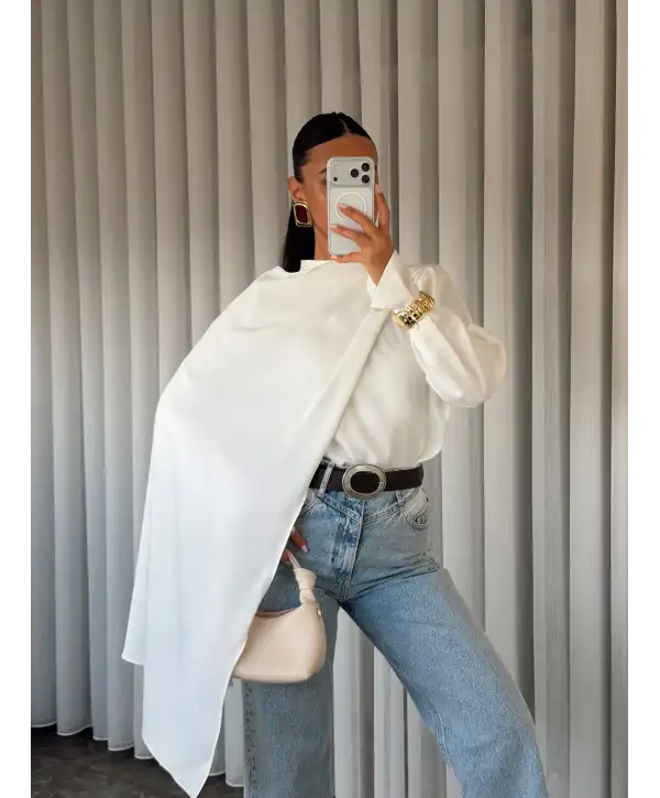 Tasarım pelerinli saten bluz - Beyaz