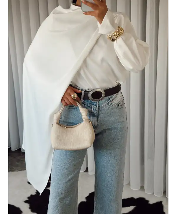 Tasarım pelerinli saten bluz - Beyaz