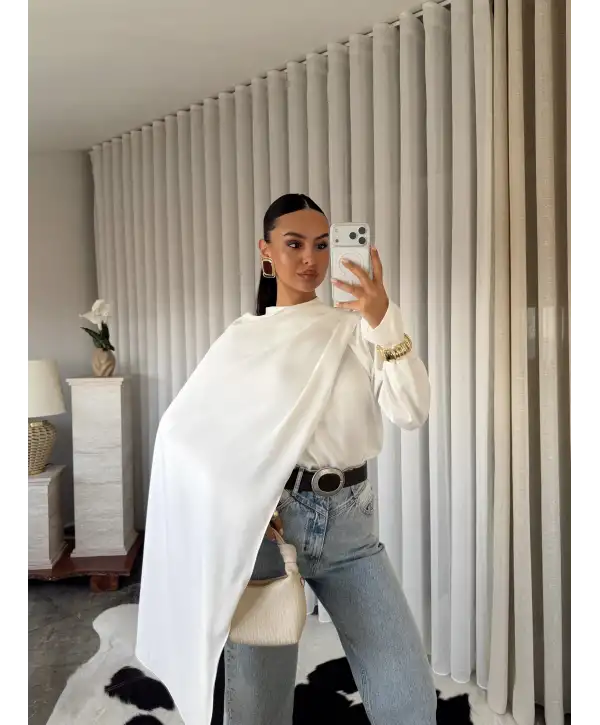 Tasarım pelerinli saten bluz - Beyaz