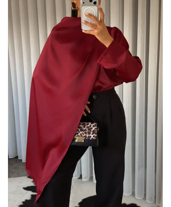 Tasarım pelerinli saten bluz - Bordo