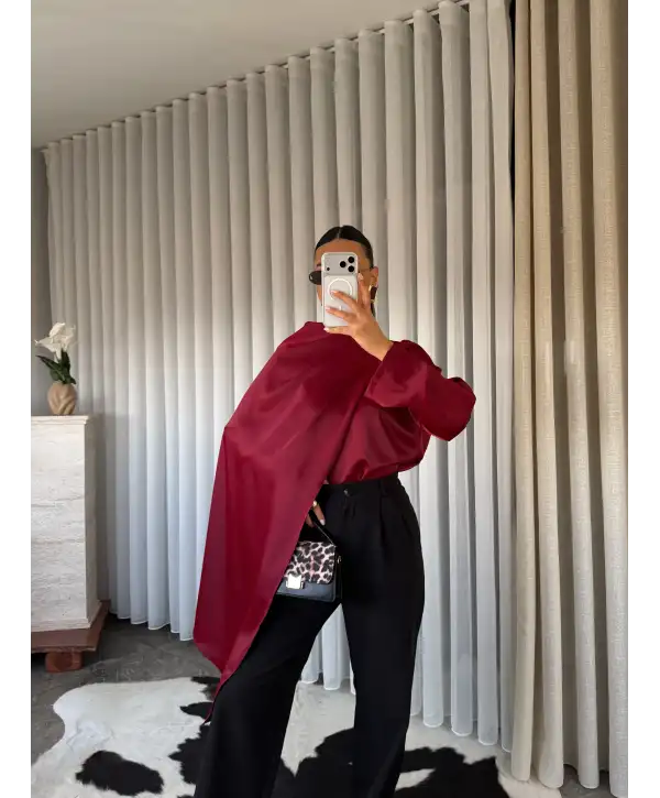 Tasarım pelerinli saten bluz - Bordo