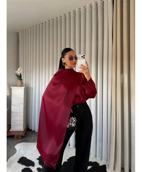 Tasarım pelerinli saten bluz - Bordo