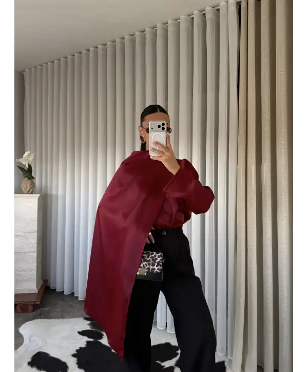 Tasarım pelerinli saten bluz - Bordo