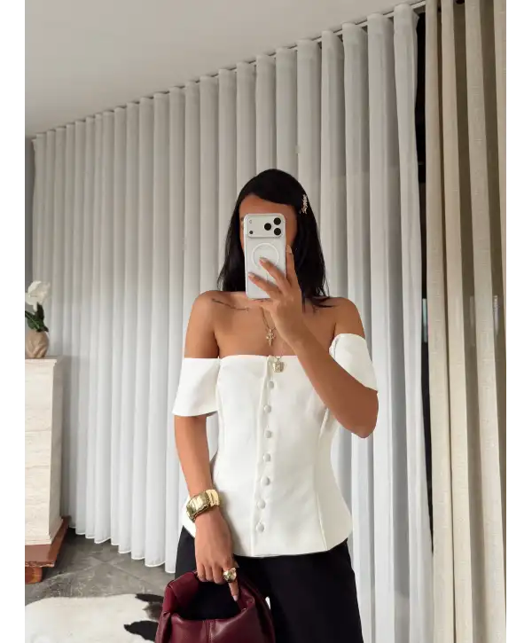 Straplez düğmeli bluz - Beyaz