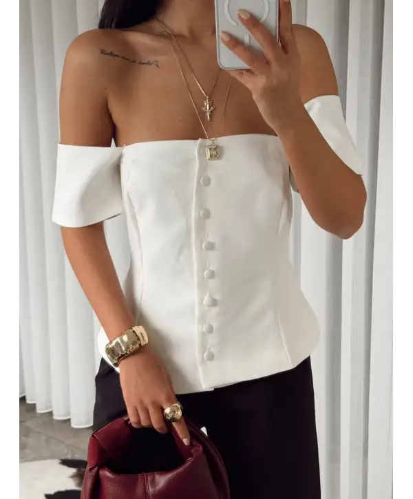 Straplez düğmeli bluz - Beyaz