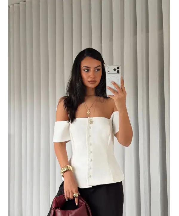 Straplez düğmeli bluz - Beyaz