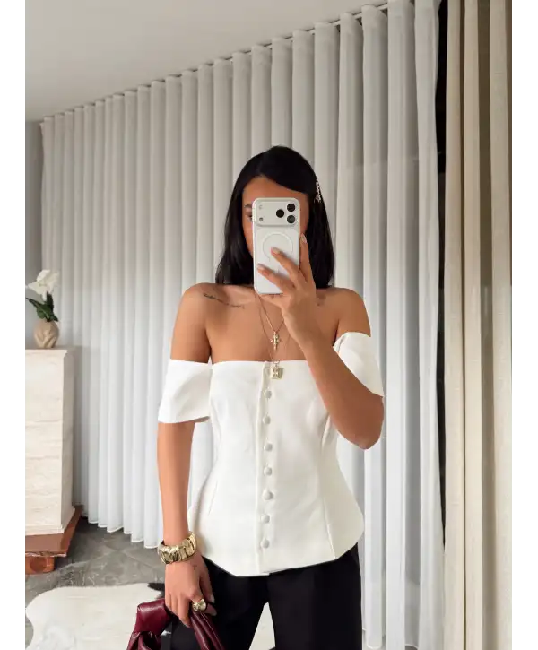 Straplez düğmeli bluz - Beyaz