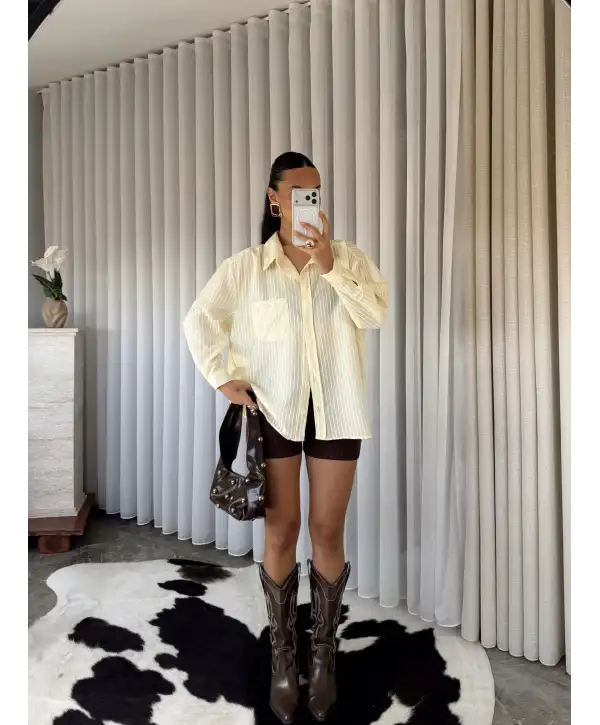 Tül detay gömlek - Sarı