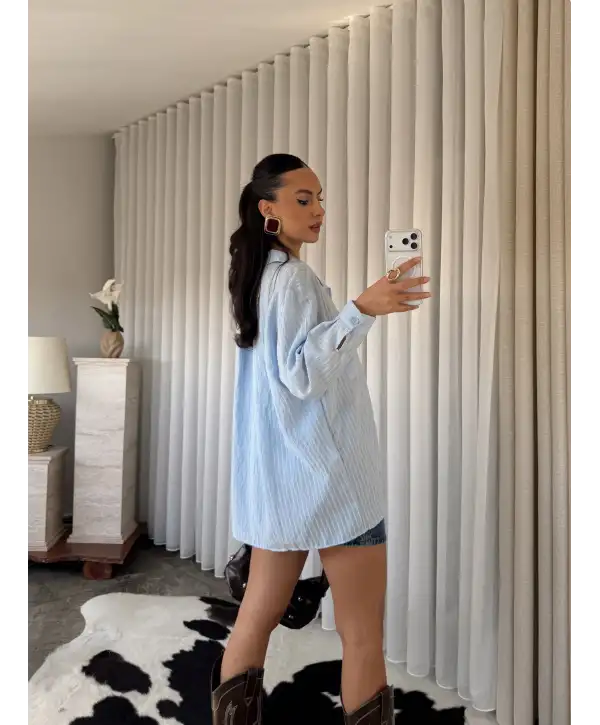 Tül detay gömlek - Mavi