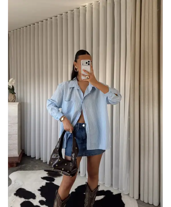 Tül detay gömlek - Mavi