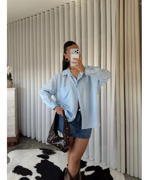 Tül detay gömlek - Mavi