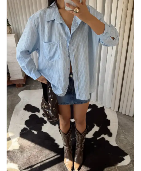 Tül detay gömlek - Mavi