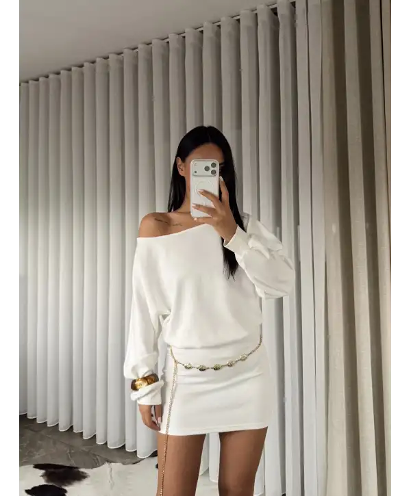 Modal kumaş kayık yaka mini elbise - Beyaz