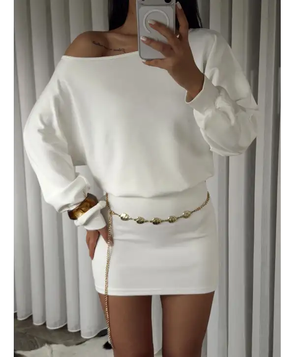 Modal kumaş kayık yaka mini elbise - Beyaz