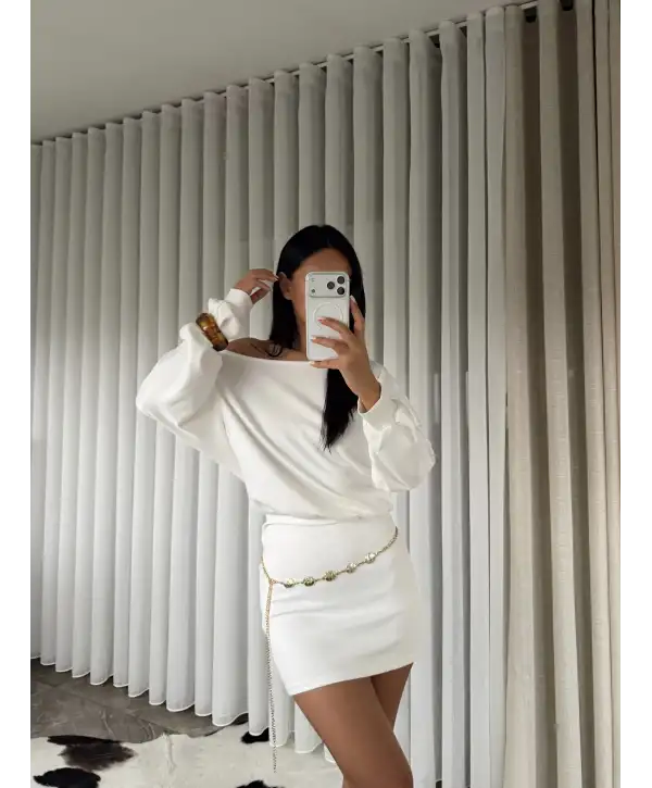 Modal kumaş kayık yaka mini elbise - Beyaz