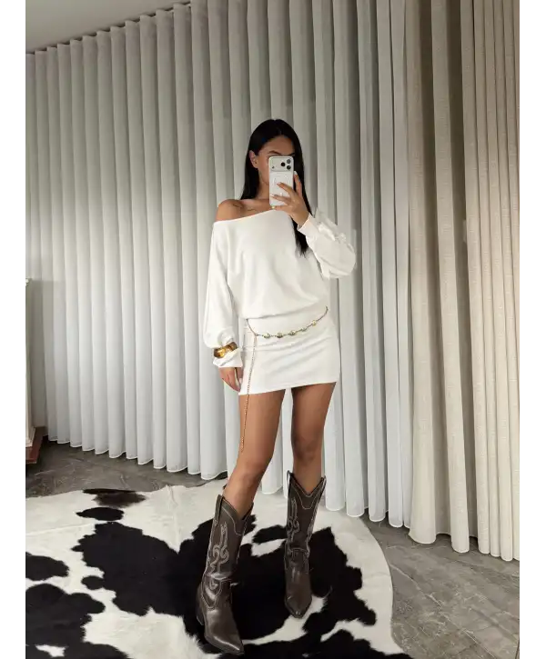 Modal kumaş kayık yaka mini elbise - Beyaz