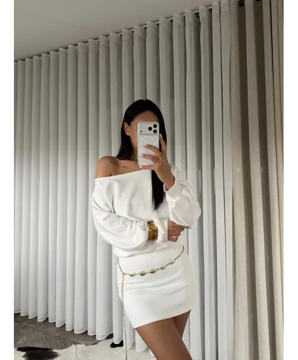 Modal kumaş kayık yaka mini elbise - Beyaz