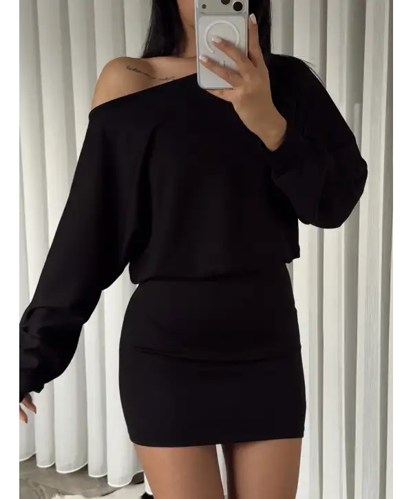 Modal kumaş kayık yaka mini elbise - Siyah