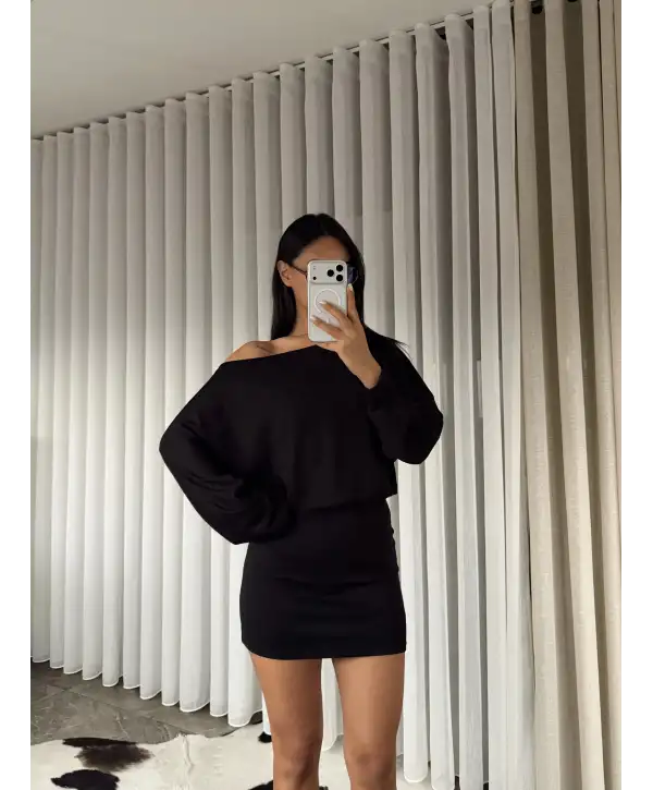 Modal kumaş kayık yaka mini elbise - Siyah