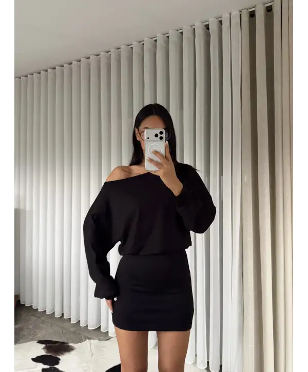 Modal kumaş kayık yaka mini elbise - Siyah