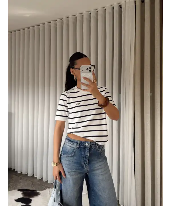 Kısa kol bisiklet yaka çizgili triko