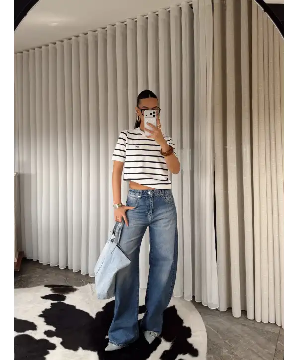 Kısa kol bisiklet yaka çizgili triko