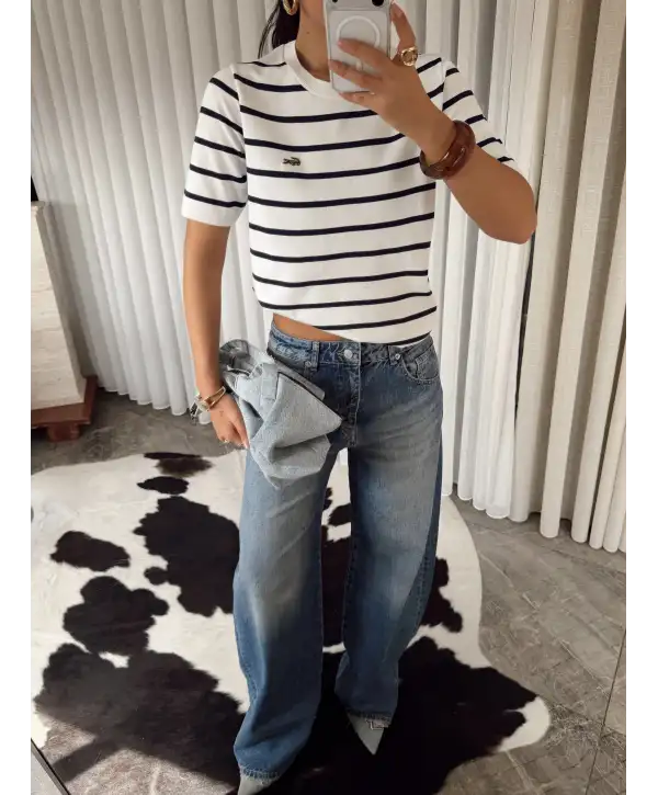 Kısa kol bisiklet yaka çizgili triko
