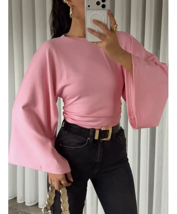Belden oturan geniş kol bluz - Pembe