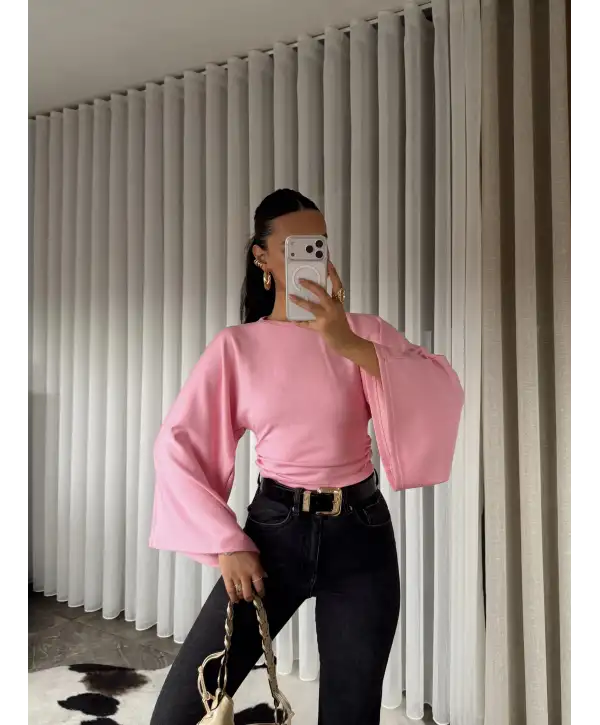 Belden oturan geniş kol bluz - Pembe