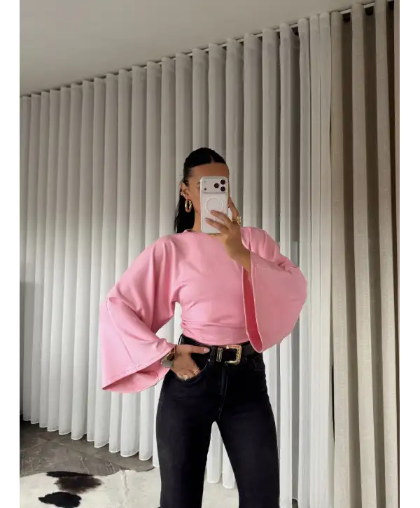 Belden oturan geniş kol bluz - Pembe
