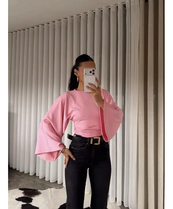 Belden oturan geniş kol bluz - Pembe