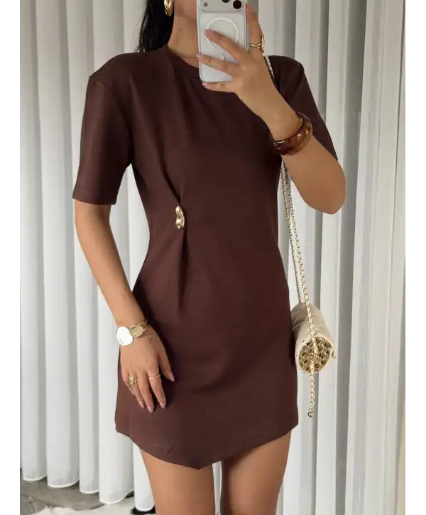 Gold tokalı modal kumaş mini elbise - Kahverengi