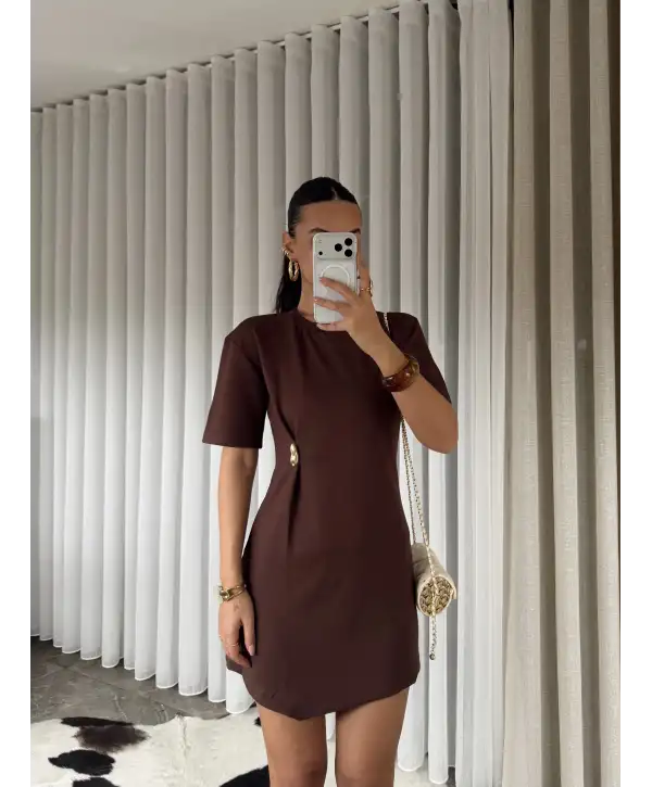 Gold tokalı modal kumaş mini elbise - Kahverengi