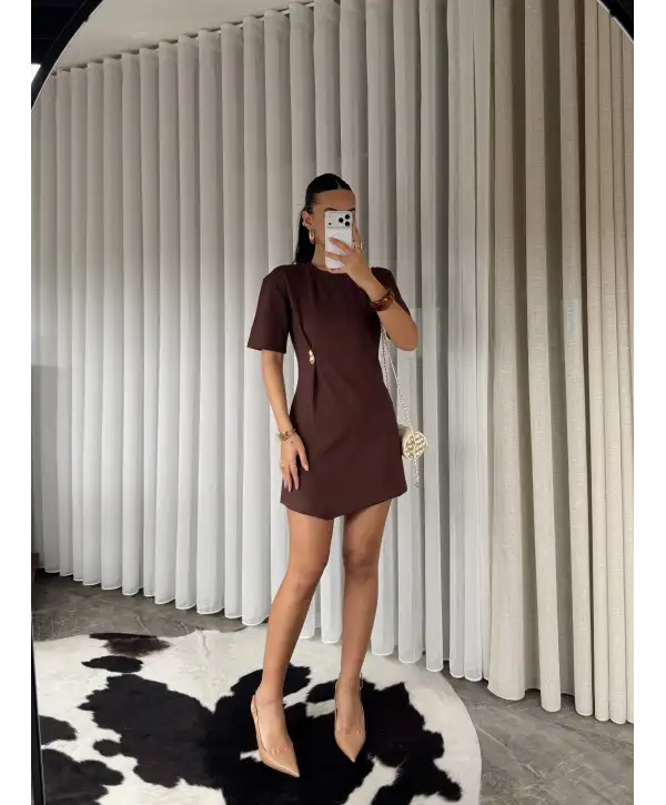 Gold tokalı modal kumaş mini elbise - Kahverengi