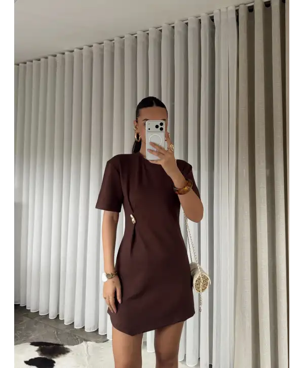 Gold tokalı modal kumaş mini elbise - Kahverengi