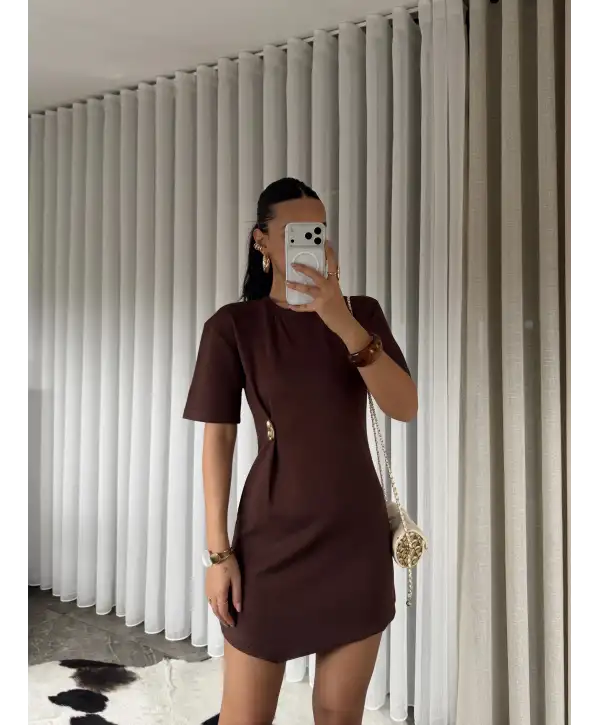 Gold tokalı modal kumaş mini elbise - Kahverengi